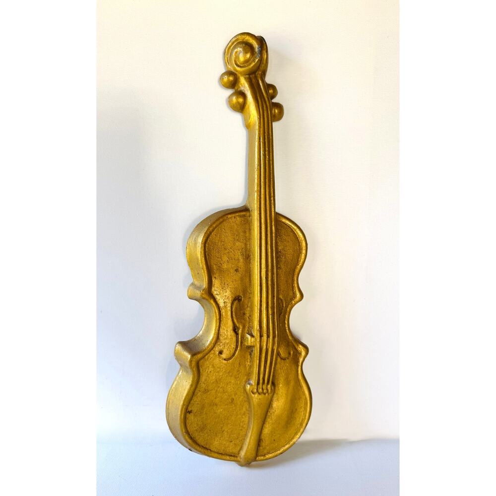 Vintage Cast Iron Violin Wall Plaque Gold Painted Musical Decor Royal 18"